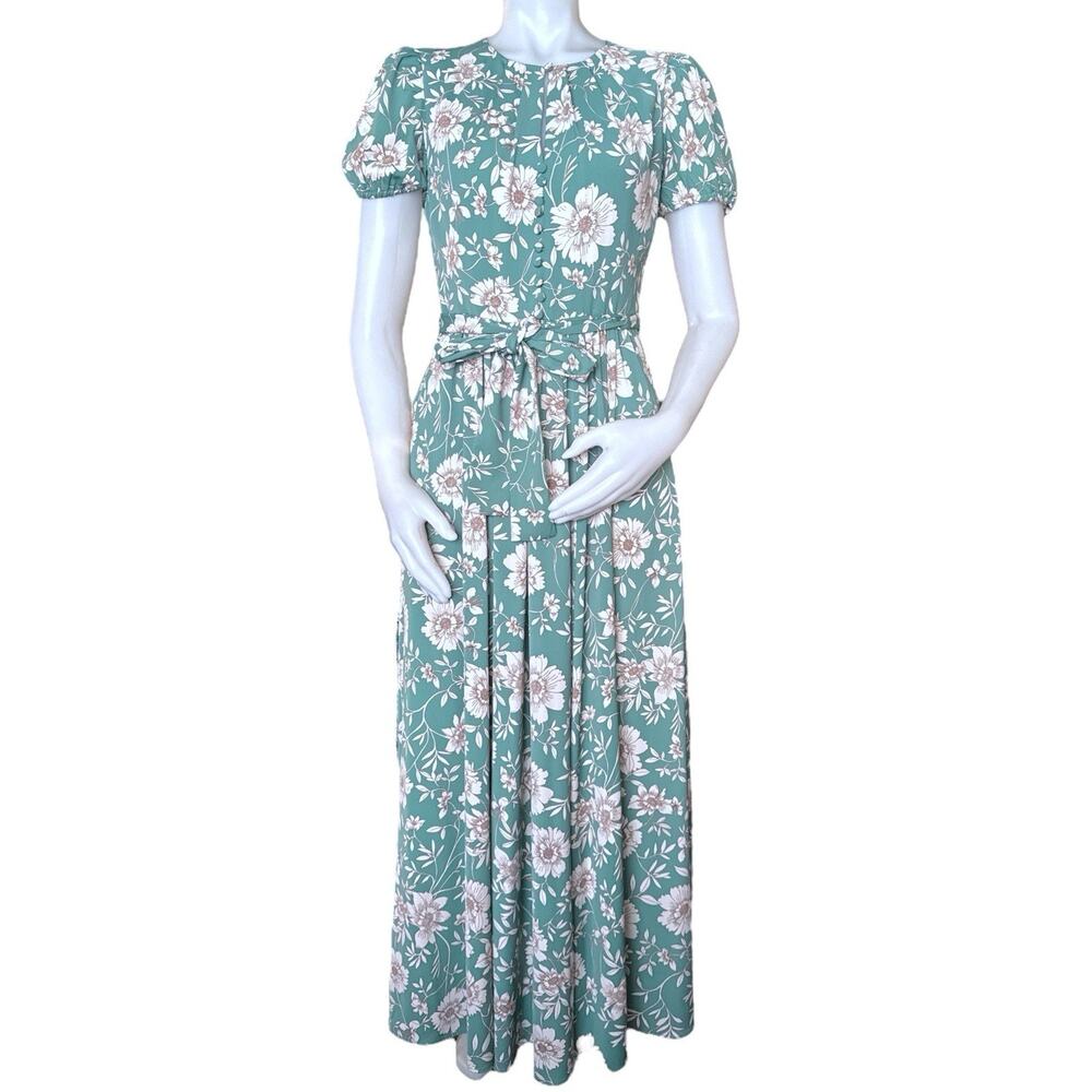 Gal Meets Glam Shannon Pleat Neck Floral Green Maxi Dress Size 2